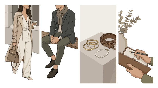 Set of fashion lifestyle illustrations with people and objects in a minimal aesthetic.