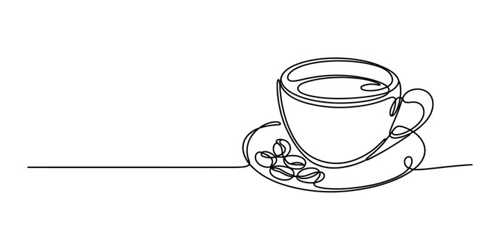 Continuous single line drawing of a coffee cup with beans on a saucer Vector, illustration