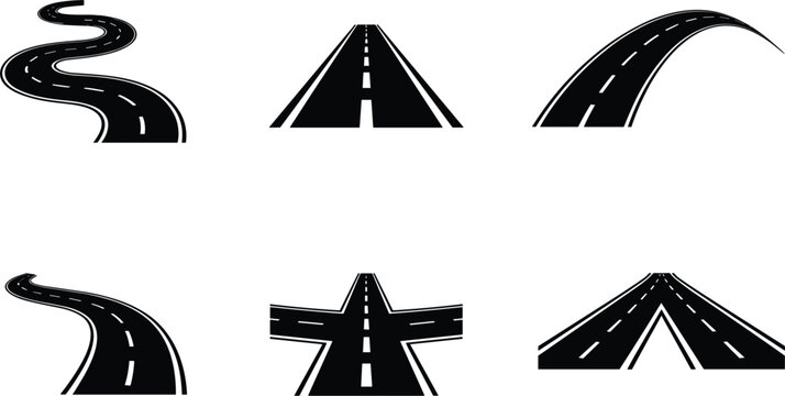 Road silhouettes set, curved and straight highway icons collection, vector isolated background