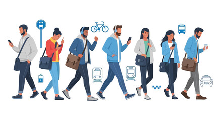 Obraz premium Diverse Group of Young Adults Walking with Smart Devices, Modern Urban Lifestyle Concept