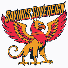 Fototapeta premium Majestic griffin creature mascot standing with spread wings representing savings sovereignty for corporate branding graphic elements.