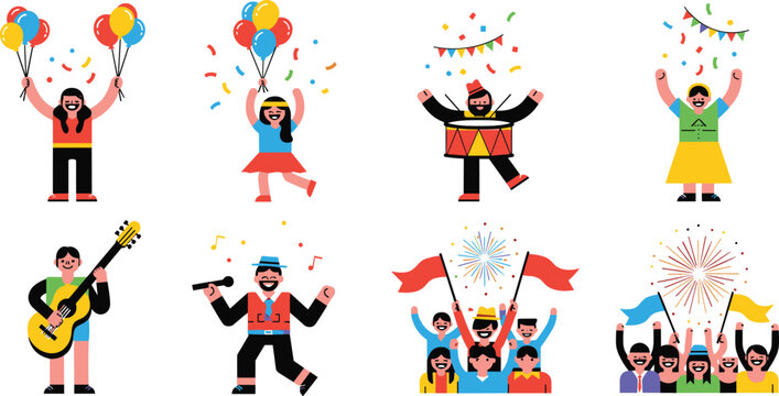 Colorful Festival and Celebration Character Icon Set with Balloons, Confetti, Music, Fireworks, and Dancing for Party and Carnival Designs