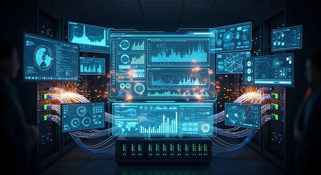 Futuristic control room interface display.