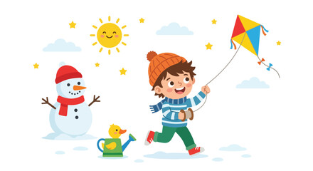 Naklejka premium A cheerful young boy in winter attire joyfully flies a colorful kite outdoors, with a snowman and a duck watering can nearby.