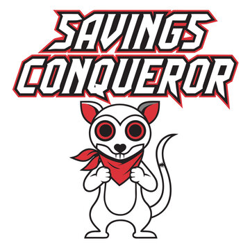 Savings conqueror rat mascot illustration with red bandana and bold typography, ideal for discount promotions and marketing.
