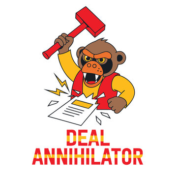 Deal annihilator monkey mascot smashing document with hammer, representing aggressive deal-breaking and negotiation tactics.