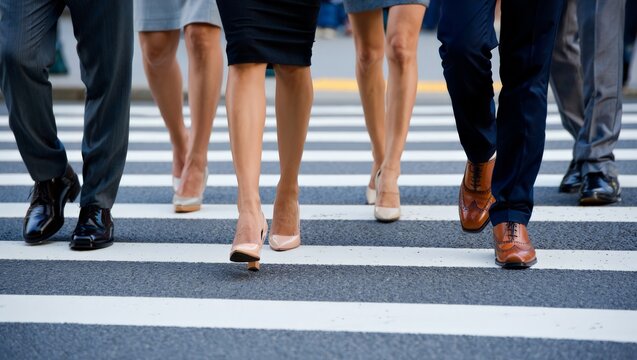 Closeup Legs Stepping Across Zebra Crosswalk, Mix Of Heels And Dress Shoes, Coordinated Stride Suggesting Corporate Meeting Or Urban Team Movement, Sharp Pavement Contrast