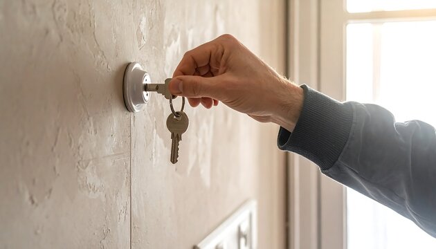 Close-up of a hand inserting a key into a lock on a light-colored, textured wall near a window. Keys dangle