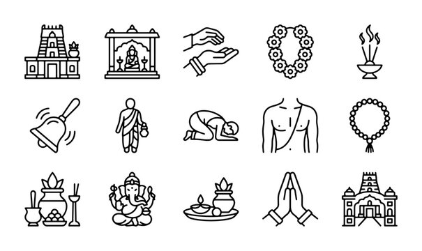 Hindu Temple Icons, Religious Worship Symbols, Spiritual Deities, Prayer Gestures, Cultural Rituals, 15 Vector Elements