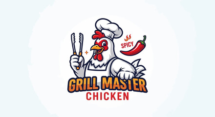 Fototapeta premium Grill Master Chicken Chef with Tongs and Chili Pepper.