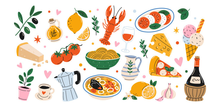 Mediterranean italian food vector set with pasta, pizza, seafood and wine. Cute retro collection with lemons, olives, gelato, coffee, cheese and traditional italian cuisine elements for travel 