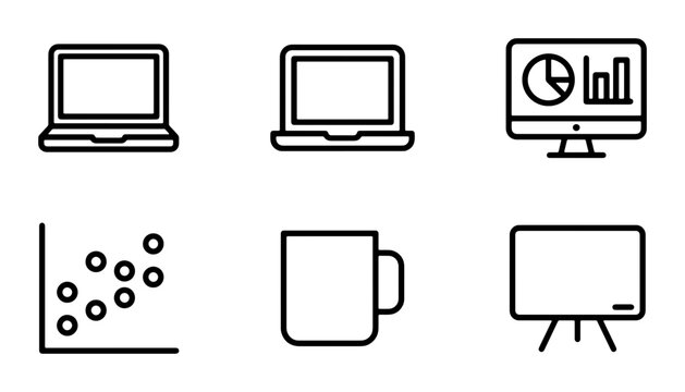 Business Technology Icons: Laptops, Computer Monitor with Charts, Scatter Plot, Coffee Mug, and Whiteboard Vector Set, Modern Minimalist Design for Presentations and Data Analysis