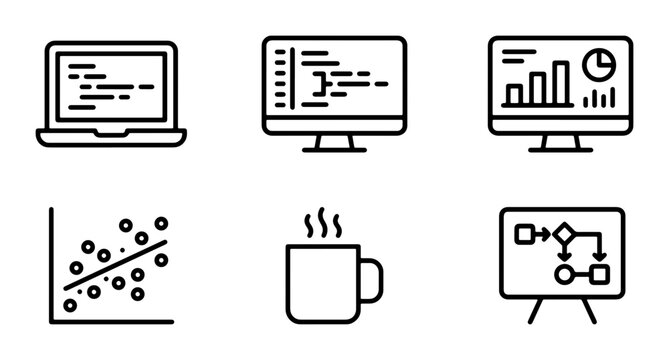 Modern Flat Icons Set: Laptop, Coding Monitor, Analytics Display, Scatter Plot, Hot Coffee Mug, Flowchart Diagram, Business Technology Vector Graphics