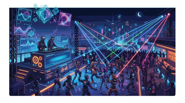 Futuristic cyberpunk rave party with DJs and dancing crowd in a neon lit nightclub.