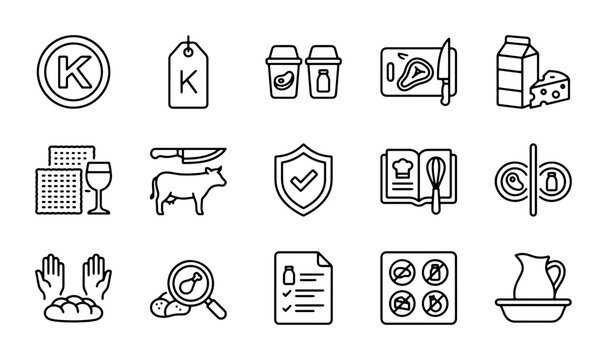 Kosher Food Icons Set, Jewish Dietary Laws, Halal Symbols, Food Safety & Preparation Vector Graphics
