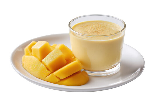 Mango pudding in a dessert cup with sliced mango on a plate