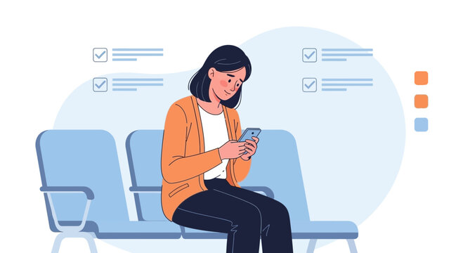 Woman waiting in a queue and using a smartphone. To-do list concept