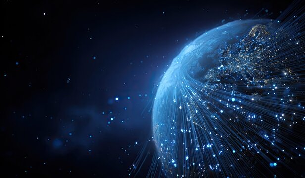 Illuminated globe with glowing lines connecting dispersed points in dark space