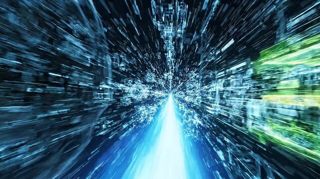 Abstract Digital Data Stream Flying Through Cyber Tunnel at Warp Speed, Fast Zoom In Motion Graphic