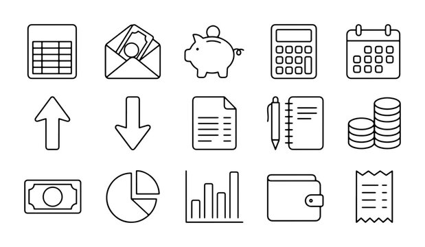 Finance Icons Set, Financial Management Symbols, Business Growth Graphics, Money Management Vector Collection, 15 Elements