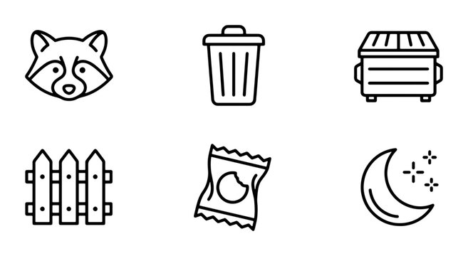 Raccoon Icon Set, Trash Can, Dumpster, Fence, Snack Bag, Moon & Stars, Vector Graphics for Wildlife & Urban Themes