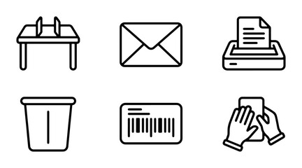 Office Supplies Icons Set, Business Workflow Symbols, Desk, Envelope, Printer, Trash Can, Barcode, Handheld Device Vector Graphics © Riad