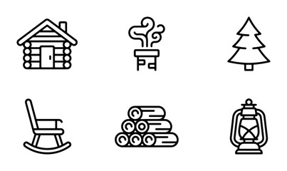 Fototapeta premium Cozy Cabin Icons, Rustic Home Symbols, Winter Lodge Elements, Woodpile, Lantern, Pine Tree, Rocking Chair, Chimney Smoke, Vector Set