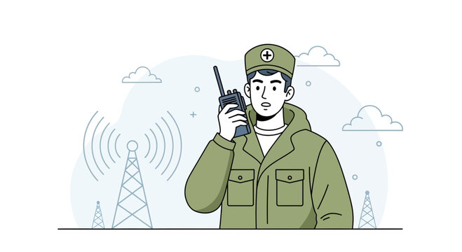 Military medic using radio communicator, telecommunication towers, clouds