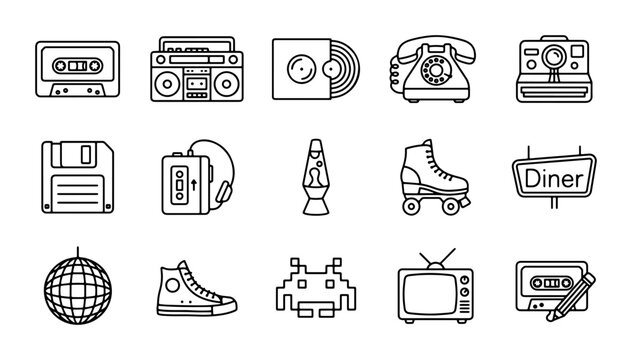 Retro 80s Icons Collection: Cassette Tape, Boombox, Vinyl Record, Rotary Phone, Polaroid Camera, Floppy Disk, Walkman, Lava Lamp, Roller Skates, Diner Sign, Disco Ball, Sneakers, Alien Invader