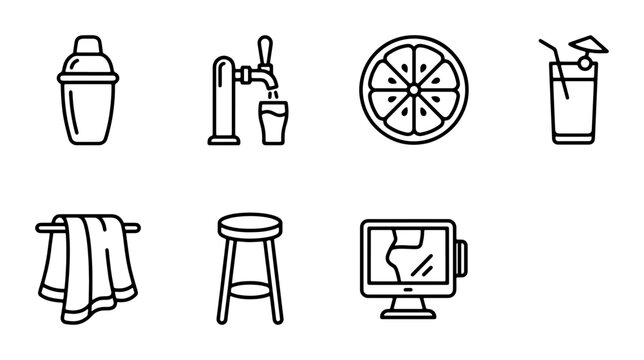 Bar Icons Set: Cocktail Shaker, Beer Tap, Citrus Slice, Drink, Towel, Stool, Monitor, 7 Vector Graphics for Hospitality and Beverage Industry