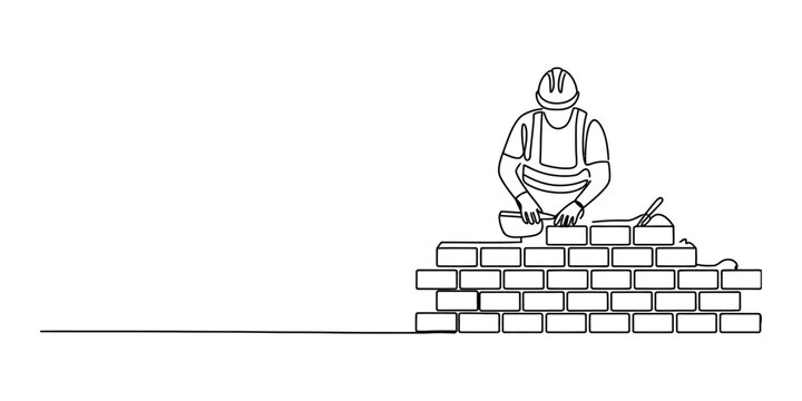 Construction worker building a brick wall continuous line drawing Vector, illustration