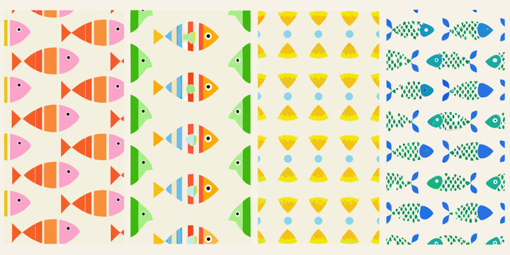 Colorful Fish Pattern With Four Distinct Variations Vector Illustration