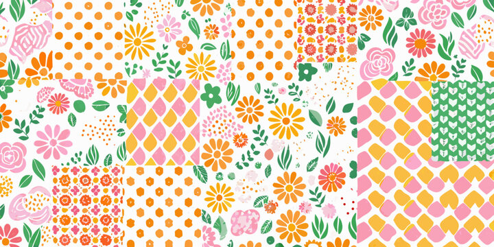 Floral ornament with tulips daisies and geometric patterns on white background