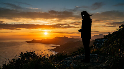 Fototapeta premium Lone Person Silhouette Gazing at Breathtaking Sunset Over Mountainous Coastline