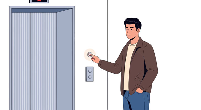 Man presses elevator call button, modern building interior, waiting for lift