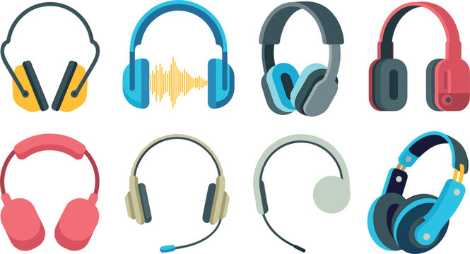 Colorful headphones and headsets vector icons set for music audio podcast call center