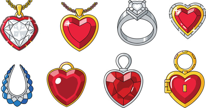 Colorful Heart and Diamond Jewelry Icon Set with Necklace, Pendant, Ring, and Locket Designs for Love, Fashion, and Valentine Theme Designs
