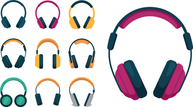 Colorful headphones and modern headset vector icons set for audio music podcast design
