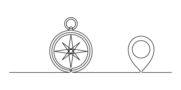 Continuous single line drawing of a navigation compass and a location map pin marker symbol for travel and adventure concept illustration Vector, illustration