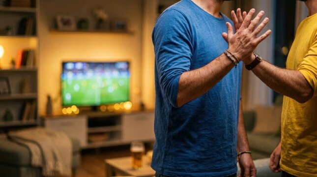 Two men give each other a high five while watching a soccer match on television in a living room