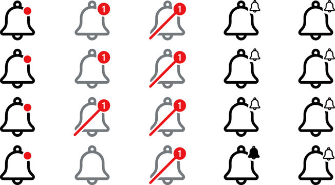 Notification bell icon set with red unread message badge and mute symbol for website user interface design
