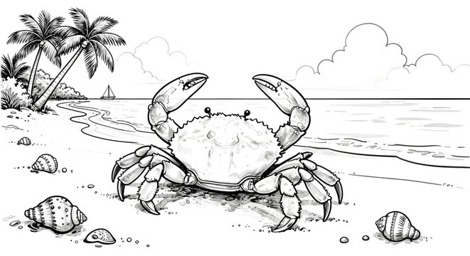 A crab on the beach with shells and palm trees