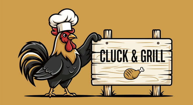 Rooster Chef Standing Next To Cluck and Grill Sign.