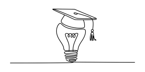 Light bulb with graduation cap drawn in a single continuous line style representing academic success and creative ideas for education and learning Vector, illustration © D-Stocker2026