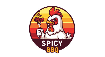 Naklejka premium Spicy BBQ Chicken Logo with Flaming Sausage on Fork.