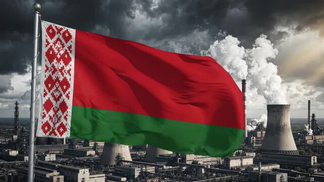 Belarus flag waving over industrial plant