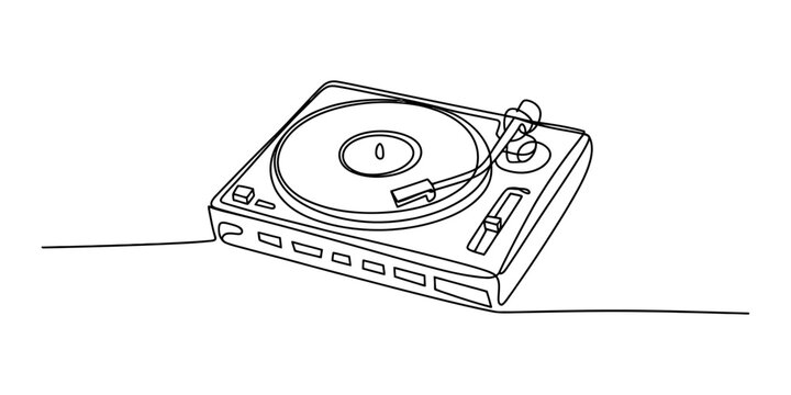 Continuous single line drawing of a retro vinyl record player turntable music audio equipment illustration for vintage music lovers and disc jockey hobby Vector, illustration