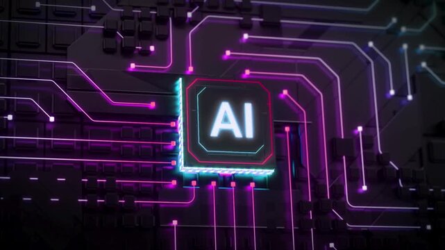 Artificial Intelligence AI processor on circuit board, glowing neon purple data lines on microchip, futuristic digital hardware background