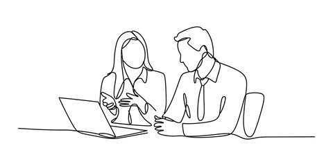 Continuous one line drawing of a man and woman working together on a laptop computer in an office setting for business collaboration and teamwork Vector, illustration © Kailash Roy