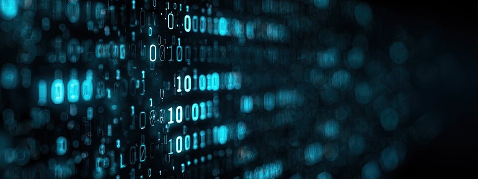 Abstract digital background with glowing binary code in cyan and blue hues